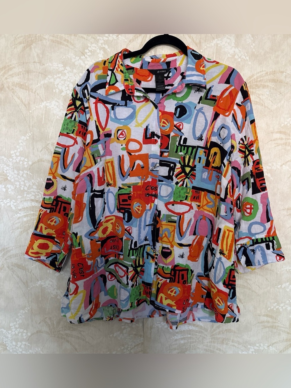 Ali Miles Pink Orange Blue Abstract Print Blouse
